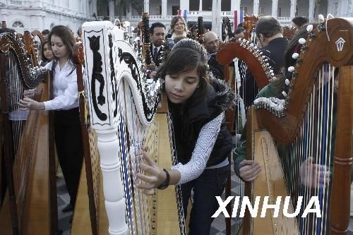 巴拉圭音乐家总统府前演奏 庆祝“竖琴日”